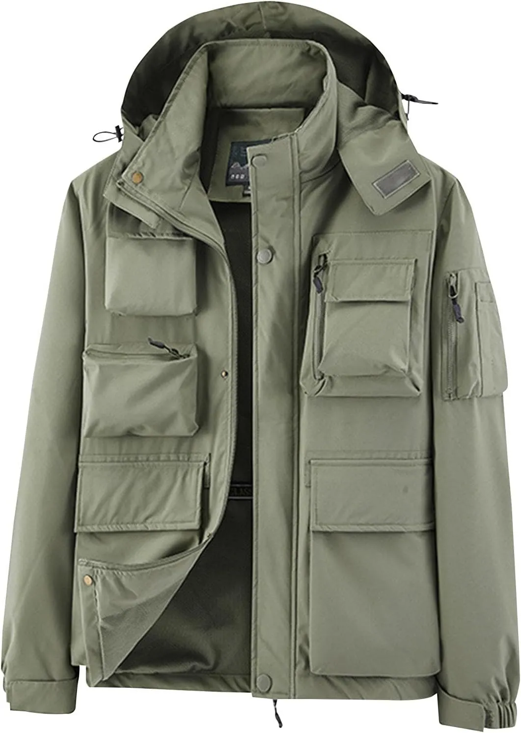 Men's Winter Jacket Lightweight Breathable Coats Warm Cargo Jackets Multi Pockets Stand Collar Jacket with Hooded