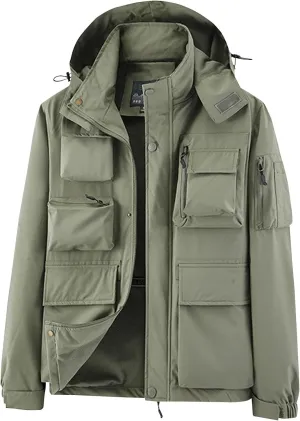 Men's Winter Jacket Lightweight Breathable Coats Warm Cargo Jackets Multi Pockets Stand Collar Jacket with Hooded