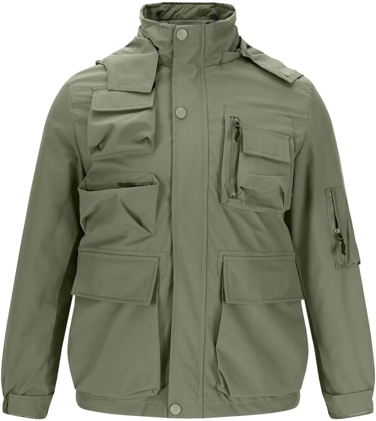 Men's Winter Jacket Lightweight Breathable Coats Warm Cargo Jackets Multi Pockets Stand Collar Jacket with Hooded