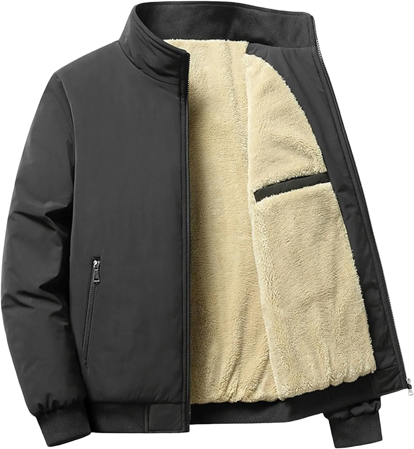 Mens Winter Jacket Thicken Fleece Jackets Sherpa Lined Full-Zip Windproof Parka Coat Casual Warm Outdoor Outwear Pocket