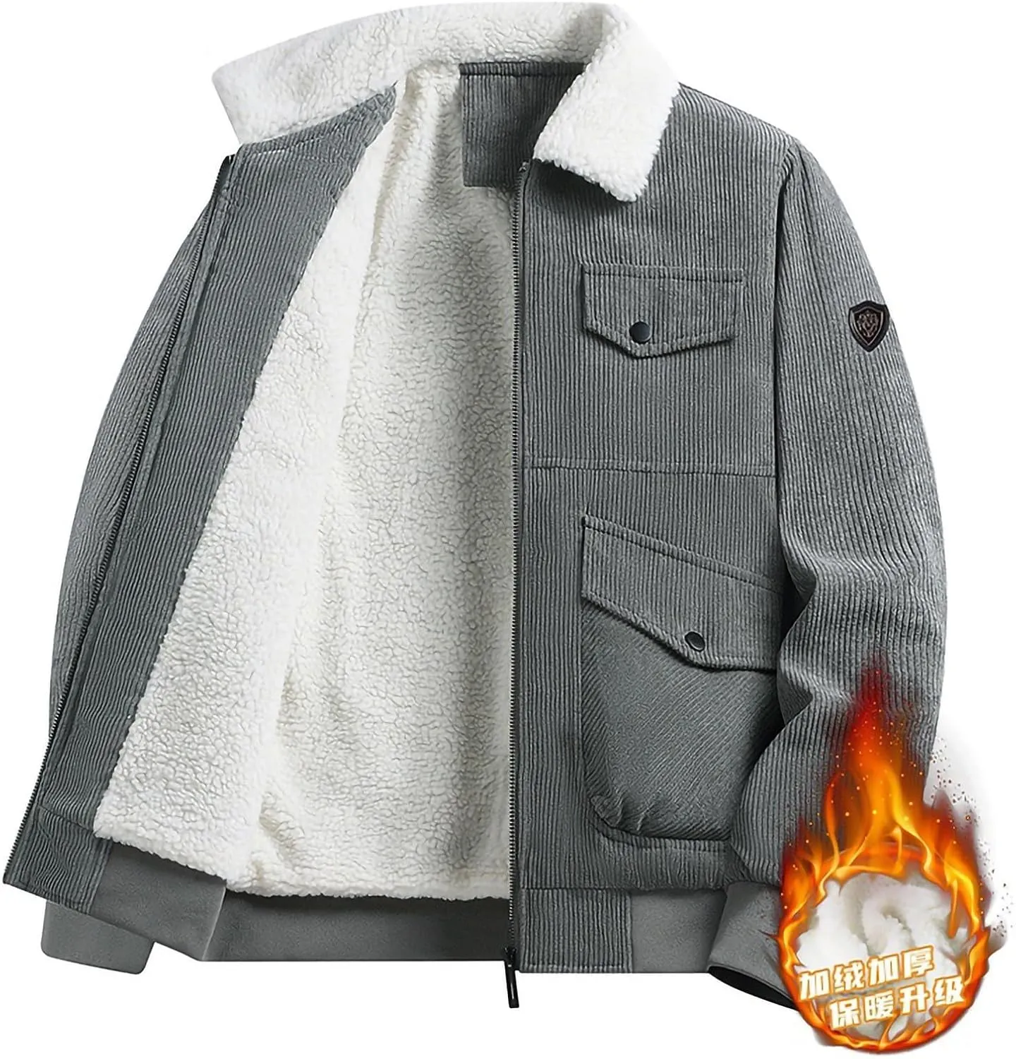 Men's Winter Jacket Warm Sherpa Lined Jacket Turn-Down Collar Fleece Jacket Solid Color Outdoor Thick Coats