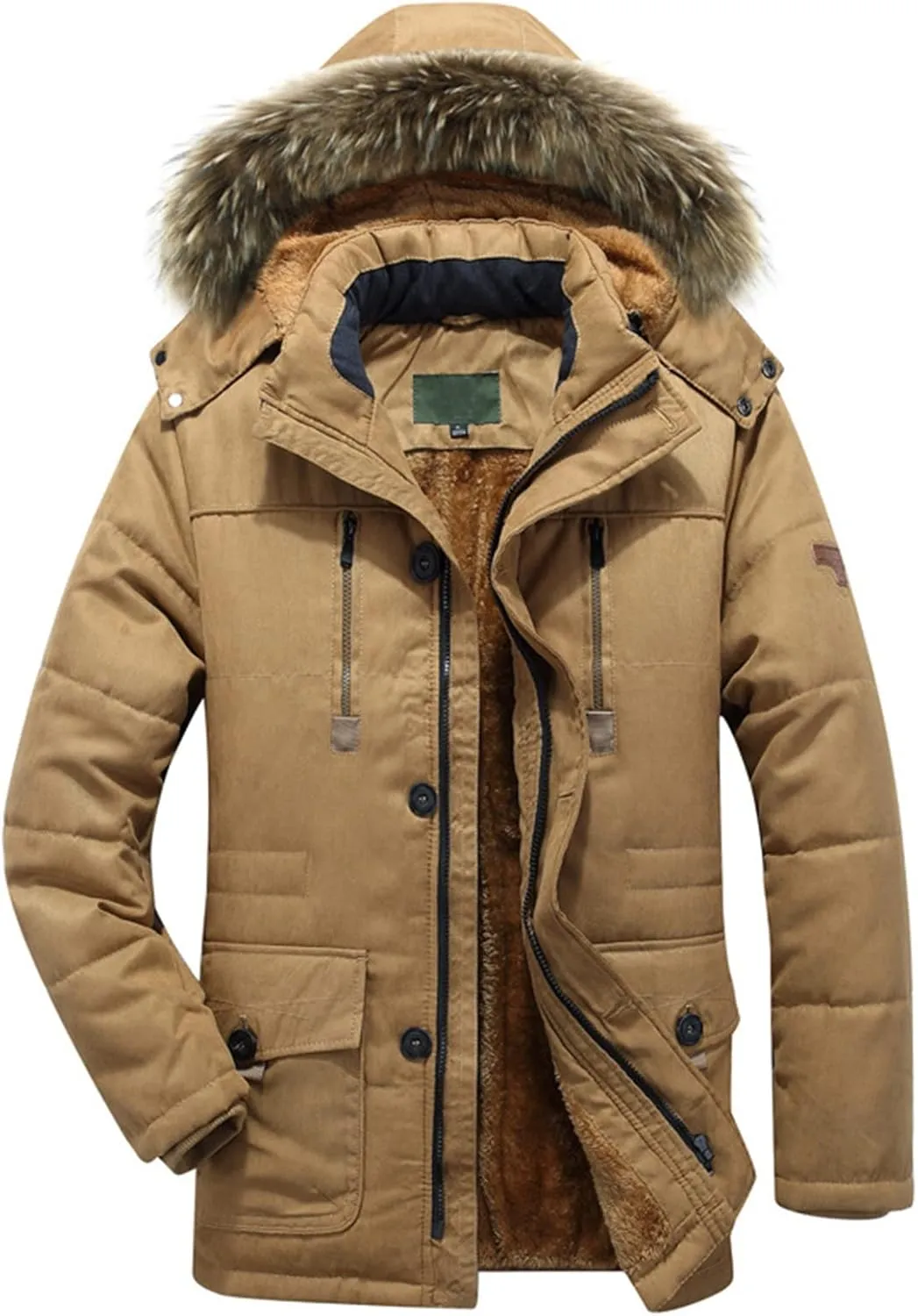 Mens Winter Warm Coat Fleece Lined Parka Thicken Cotton Puffer Down Jackets with Detachable Faux Fur Hood L-4XL