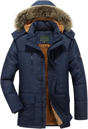 Mens Winter Warm Coat Fleece Lined Parka Thicken Cotton Puffer Down Jackets with Detachable Faux Fur Hood L-4XL