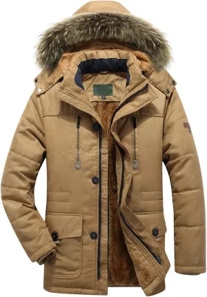Mens Winter Warm Coat Fleece Lined Parka Thicken Cotton Puffer Down Jackets with Detachable Faux Fur Hood L-4XL
