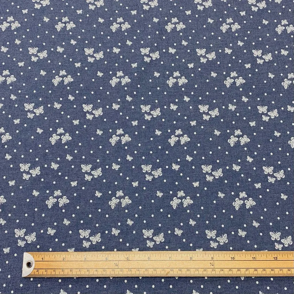 Mini Butterflies and Dots Chambray Denim Fabric