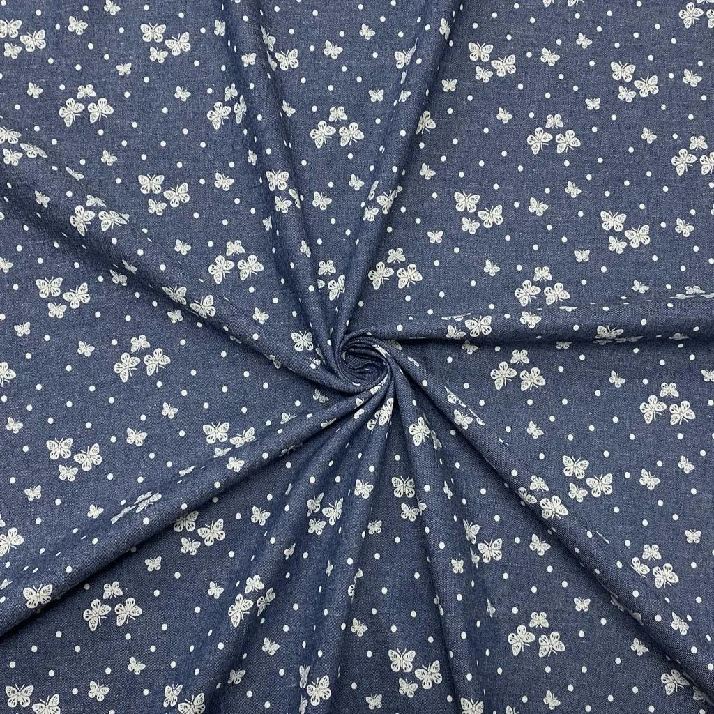 Mini Butterflies and Dots Chambray Denim Fabric