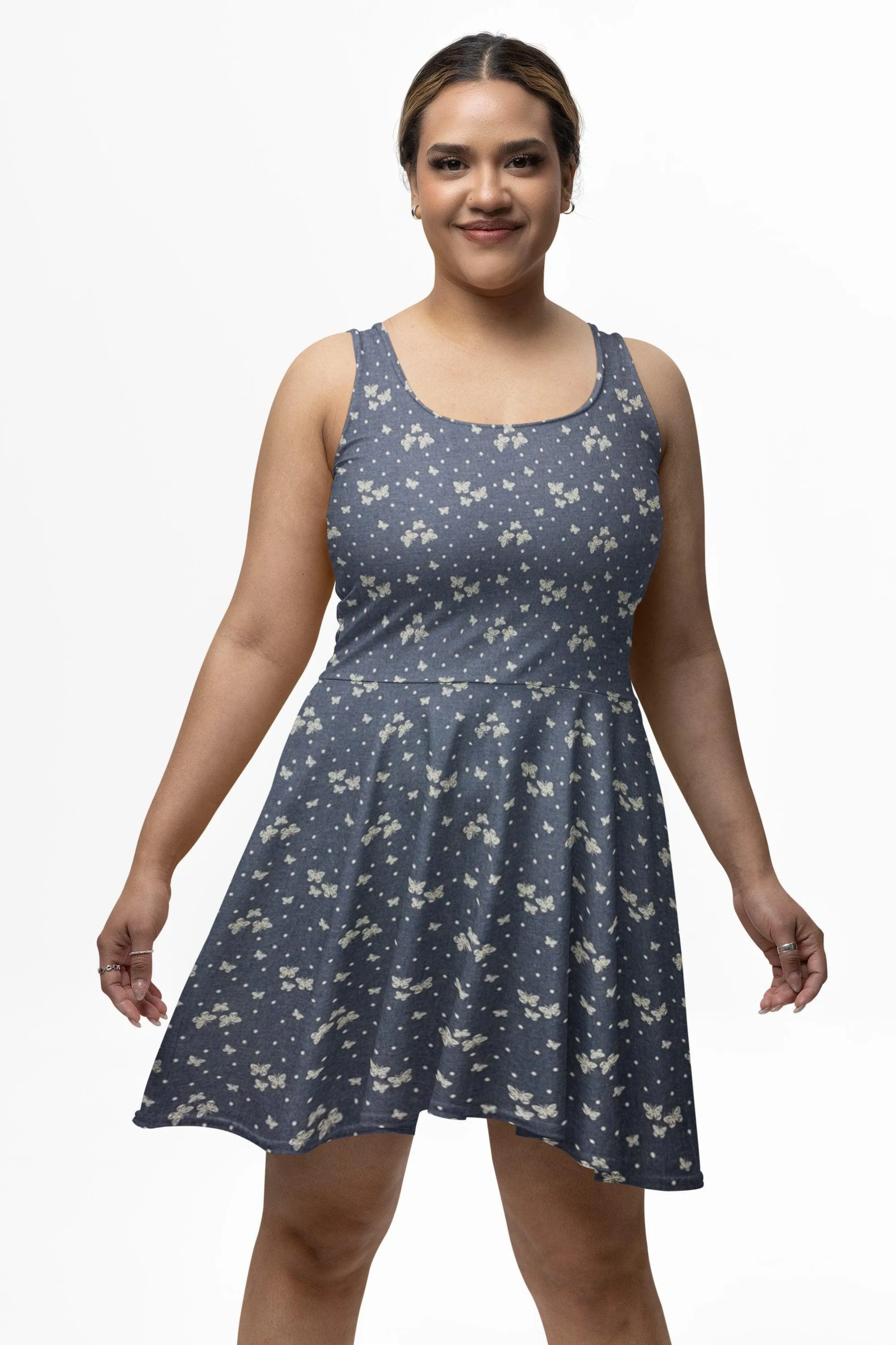 Mini Butterflies and Dots Chambray Denim Fabric