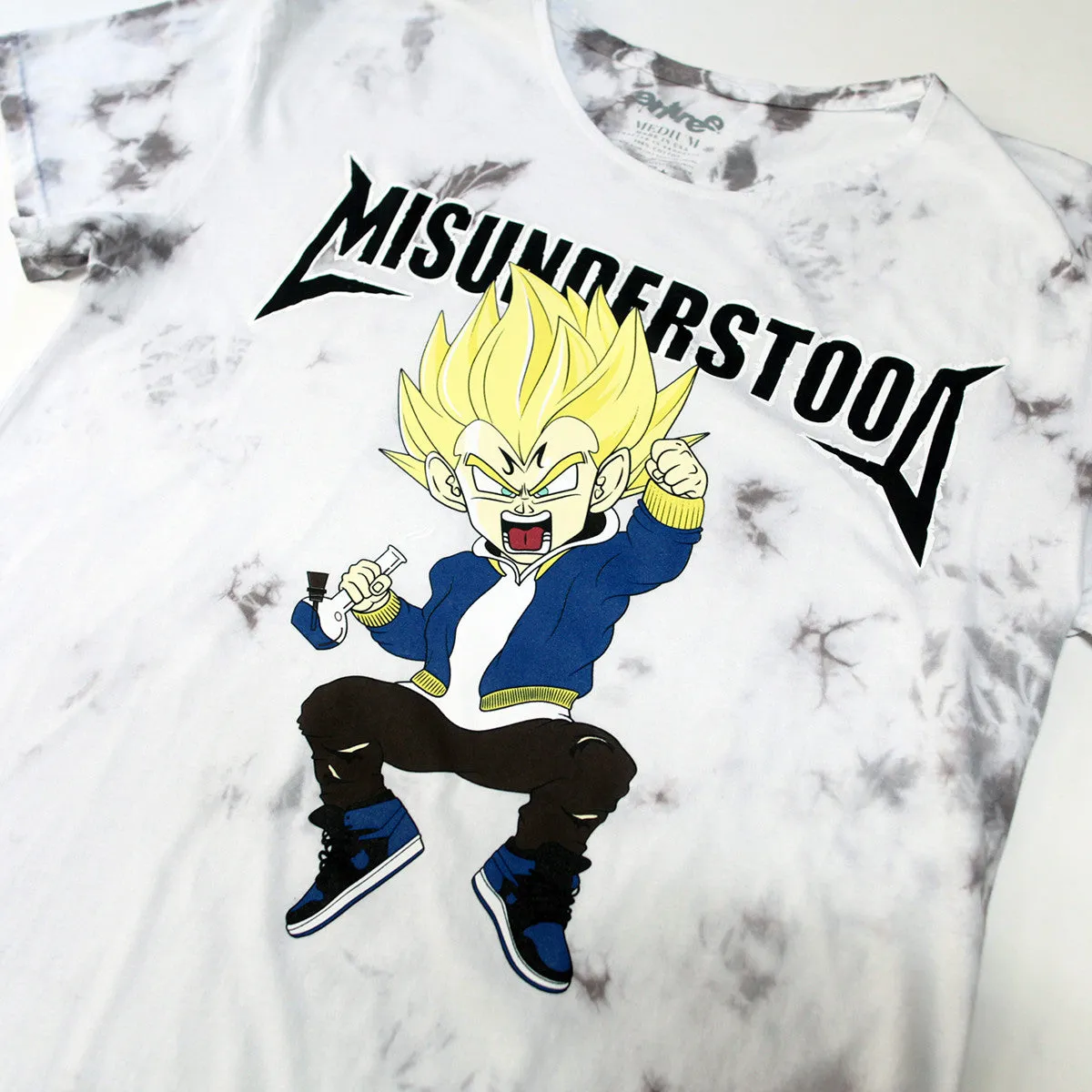 Misunderstood Vegeta White Marble Tie Dye Curved Hem Tee