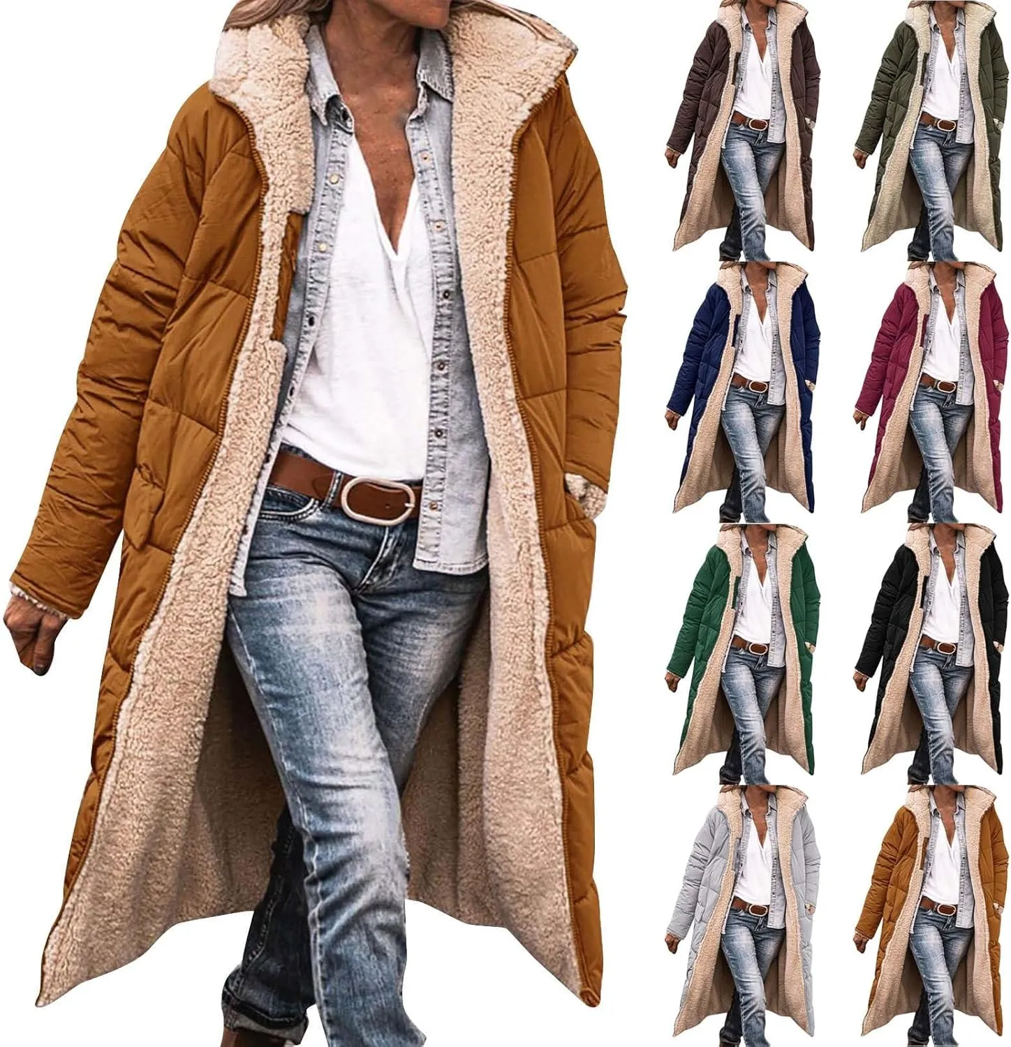 Miyaomn Womens Oversized Padded Long Coats Reversible Winter Sherpa Fleece Lined Hooded Puffer Jackets Outerwear with Pockets