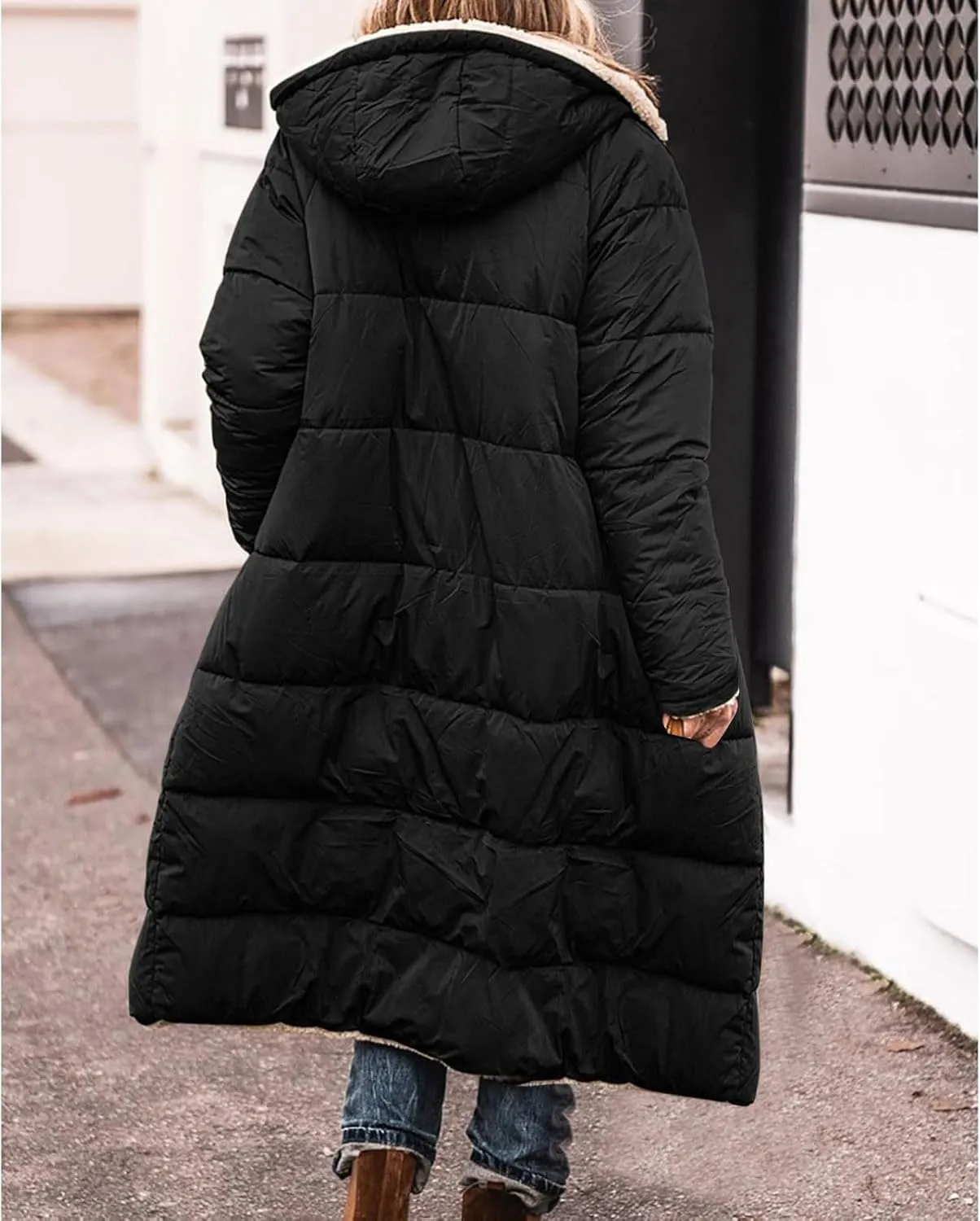 Miyaomn Womens Oversized Padded Long Coats Reversible Winter Sherpa Fleece Lined Hooded Puffer Jackets Outerwear with Pockets