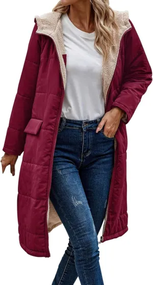 Miyaomn Womens Oversized Padded Long Coats Reversible Winter Sherpa Fleece Lined Hooded Puffer Jackets Outerwear with Pockets