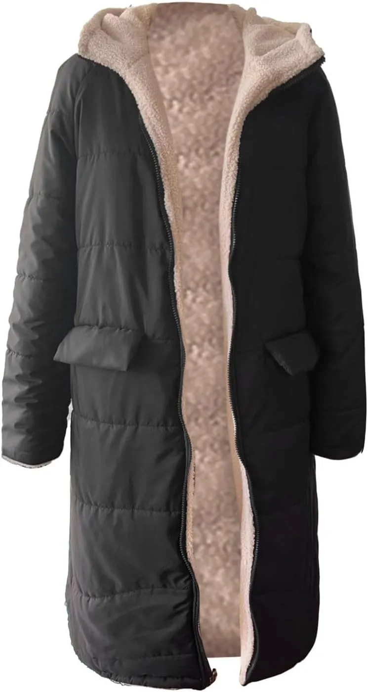Miyaomn Womens Oversized Padded Long Coats Reversible Winter Sherpa Fleece Lined Hooded Puffer Jackets Outerwear with Pockets