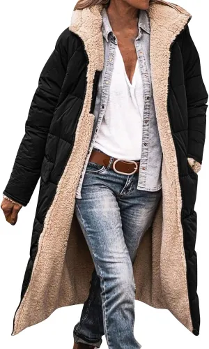 Miyaomn Womens Oversized Padded Long Coats Reversible Winter Sherpa Fleece Lined Hooded Puffer Jackets Outerwear with Pockets