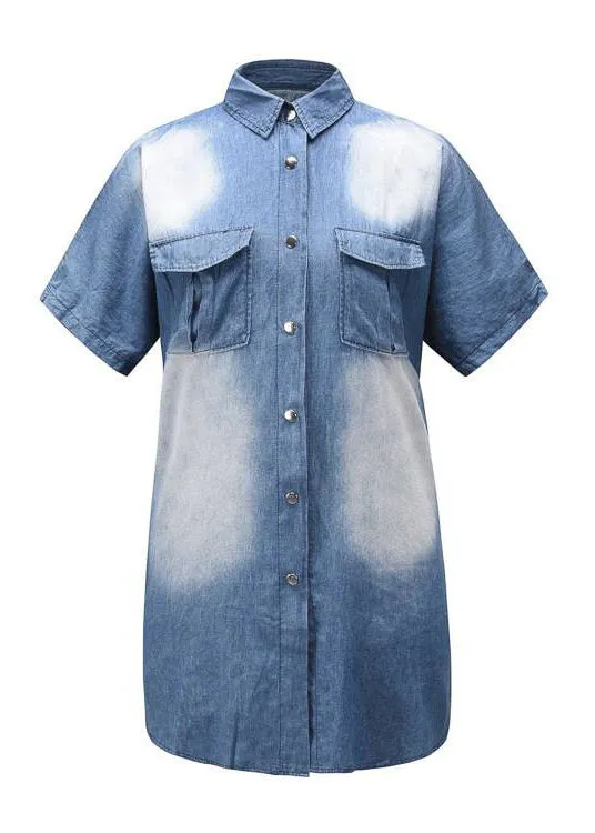 Modern Blue Peter Pan Collar Patchwork Denim Shirts Dress Summer LY4030