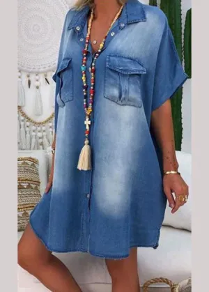 Modern Blue Peter Pan Collar Patchwork Denim Shirts Dress Summer LY4030