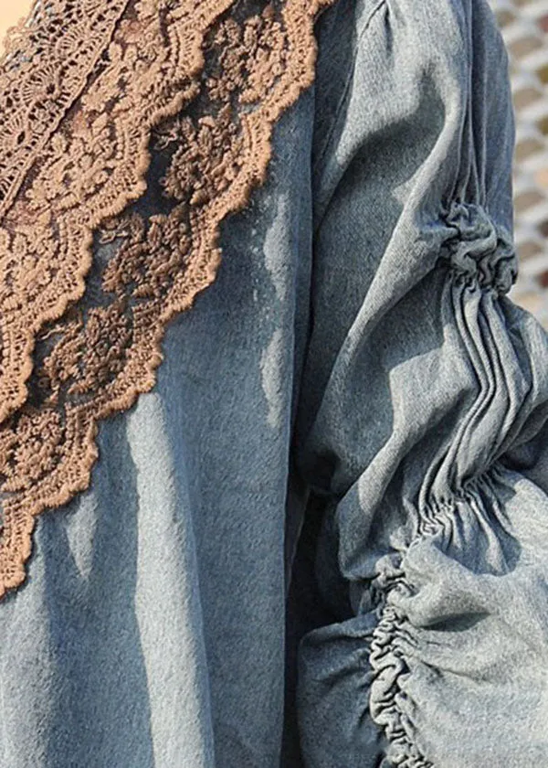 Modern Blue V Neck Wrinkled Lace Patchwork Denim Shirts Coat Spring LY5235