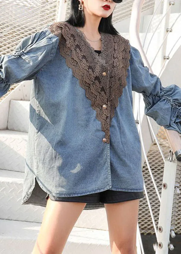 Modern Blue V Neck Wrinkled Lace Patchwork Denim Shirts Coat Spring LY5235