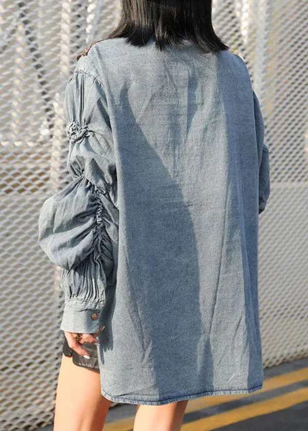 Modern Blue V Neck Wrinkled Lace Patchwork Denim Shirts Coat Spring LY5235