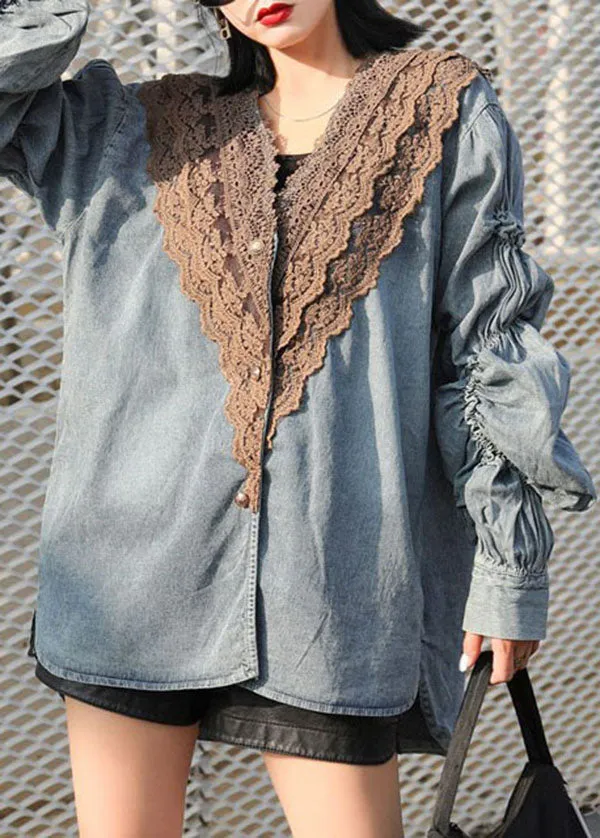 Modern Blue V Neck Wrinkled Lace Patchwork Denim Shirts Coat Spring LY5235