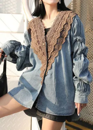 Modern Blue V Neck Wrinkled Lace Patchwork Denim Shirts Coat Spring LY5235