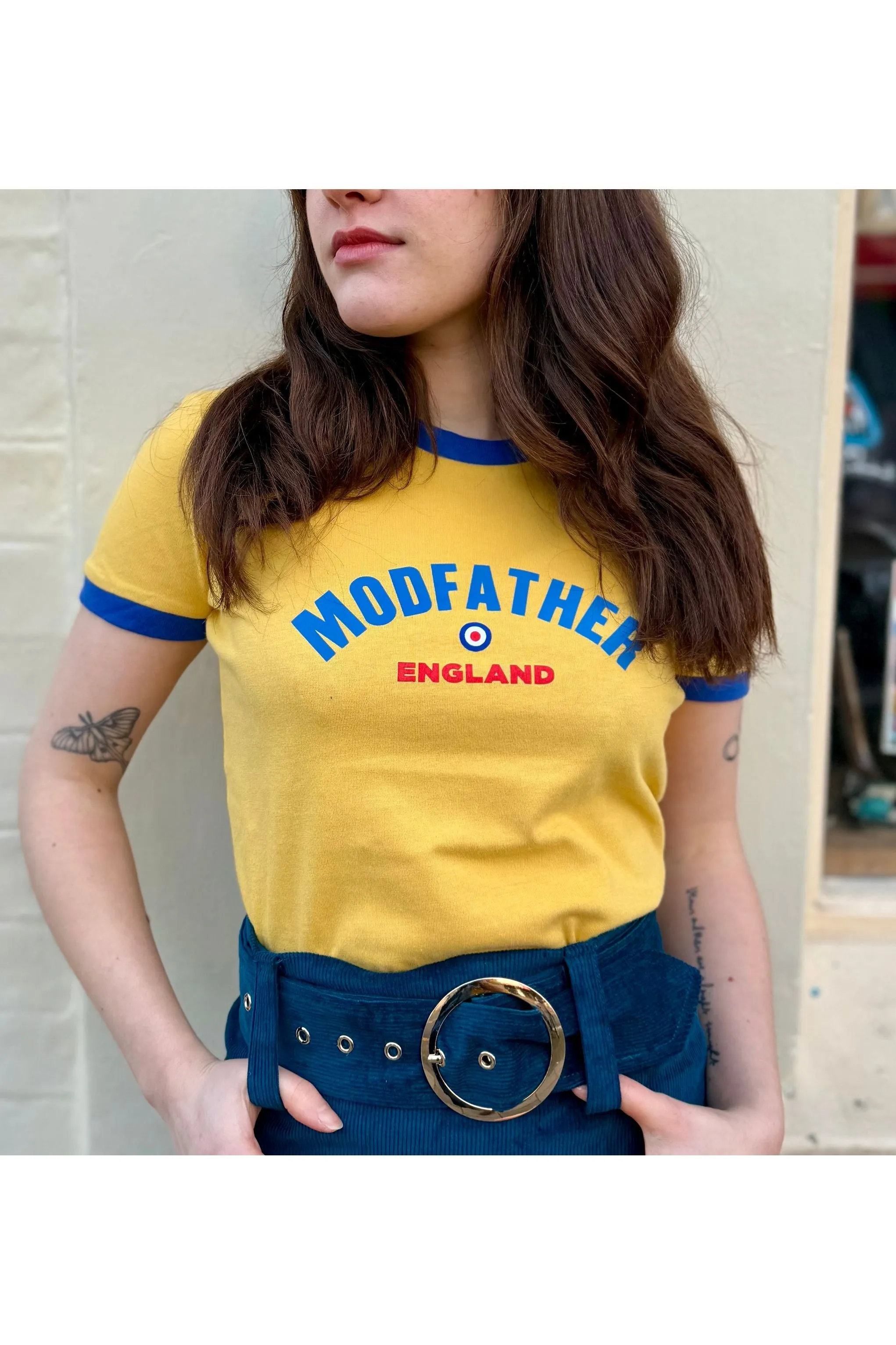 Modfather Clothing - Women's Logo Script Yellow and Royal Blue - T-Shirt