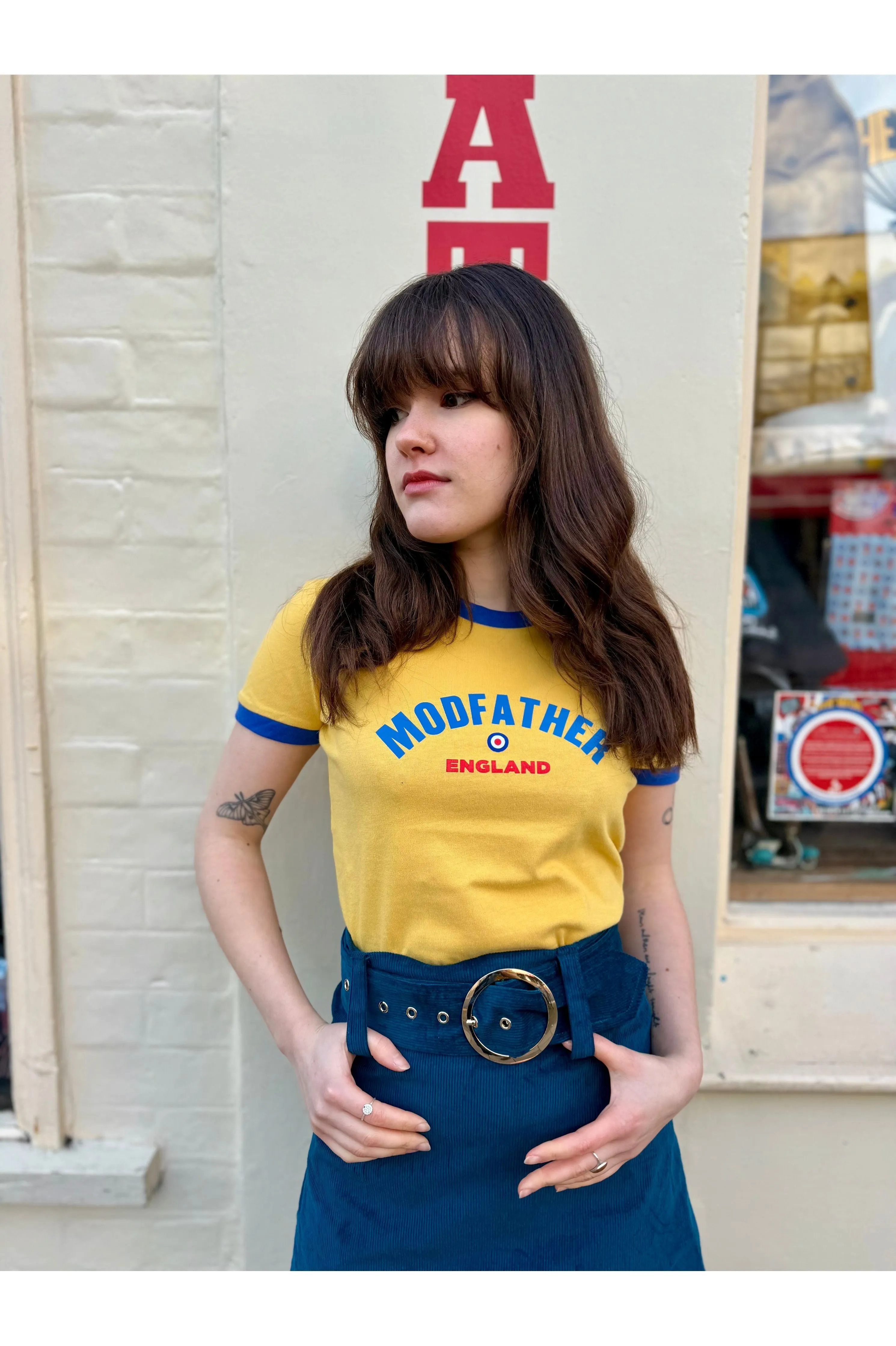Modfather Clothing - Women's Logo Script Yellow and Royal Blue - T-Shirt