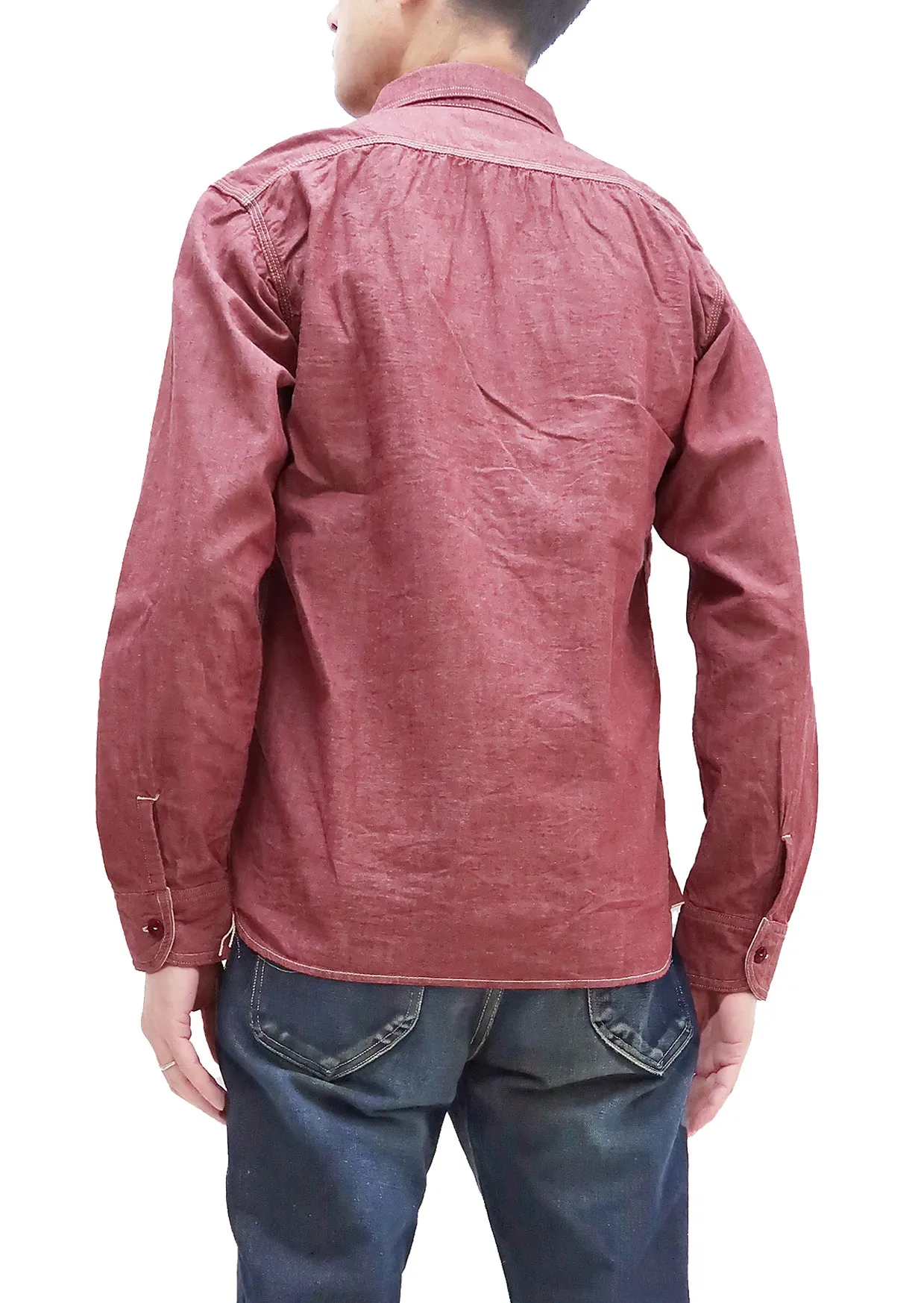Momotaro Jeans Chambray Shirt Men's Solid Long Sleeve Button Up Work Shirt MS044 Red