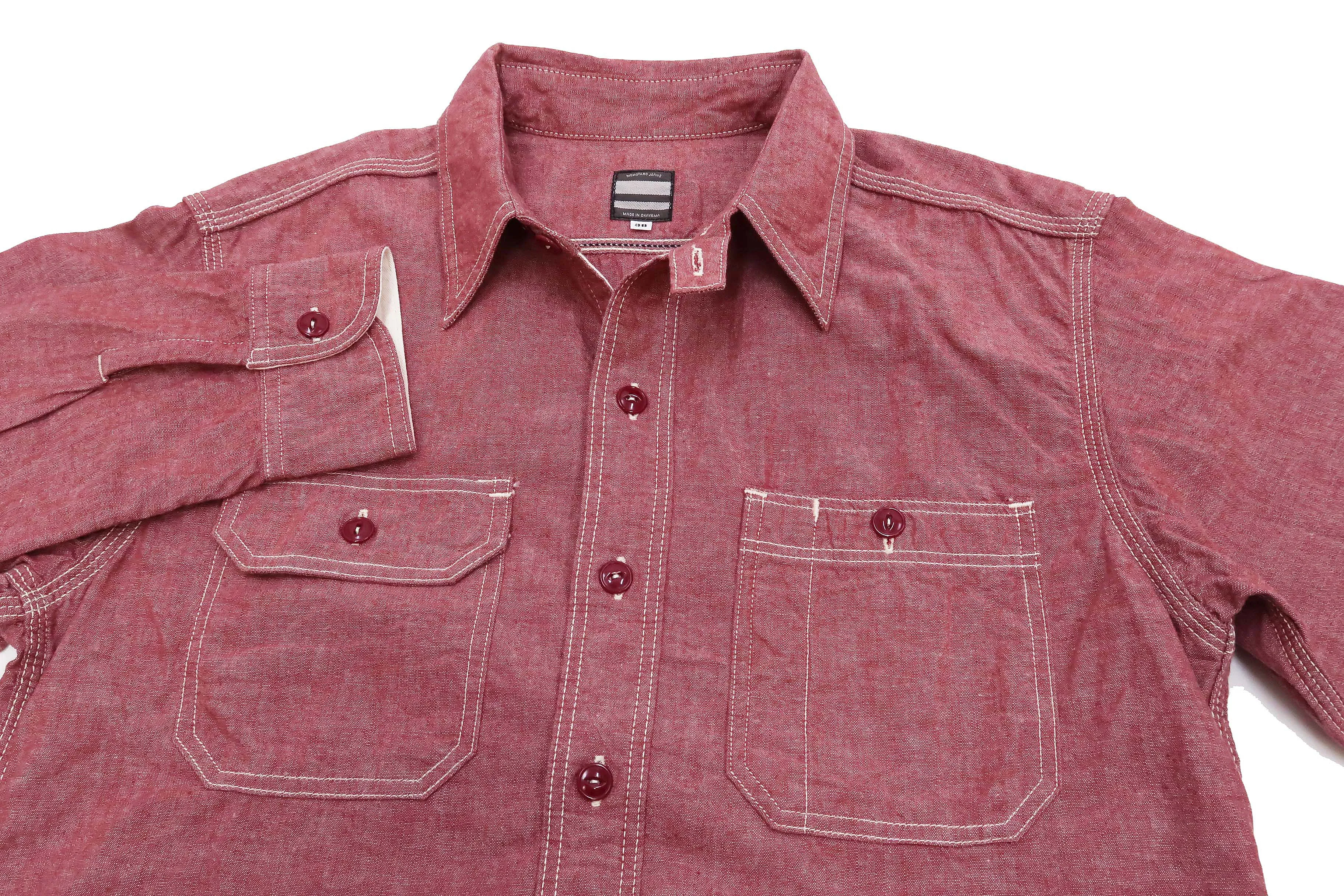 Momotaro Jeans Chambray Shirt Men's Solid Long Sleeve Button Up Work Shirt MS044 Red
