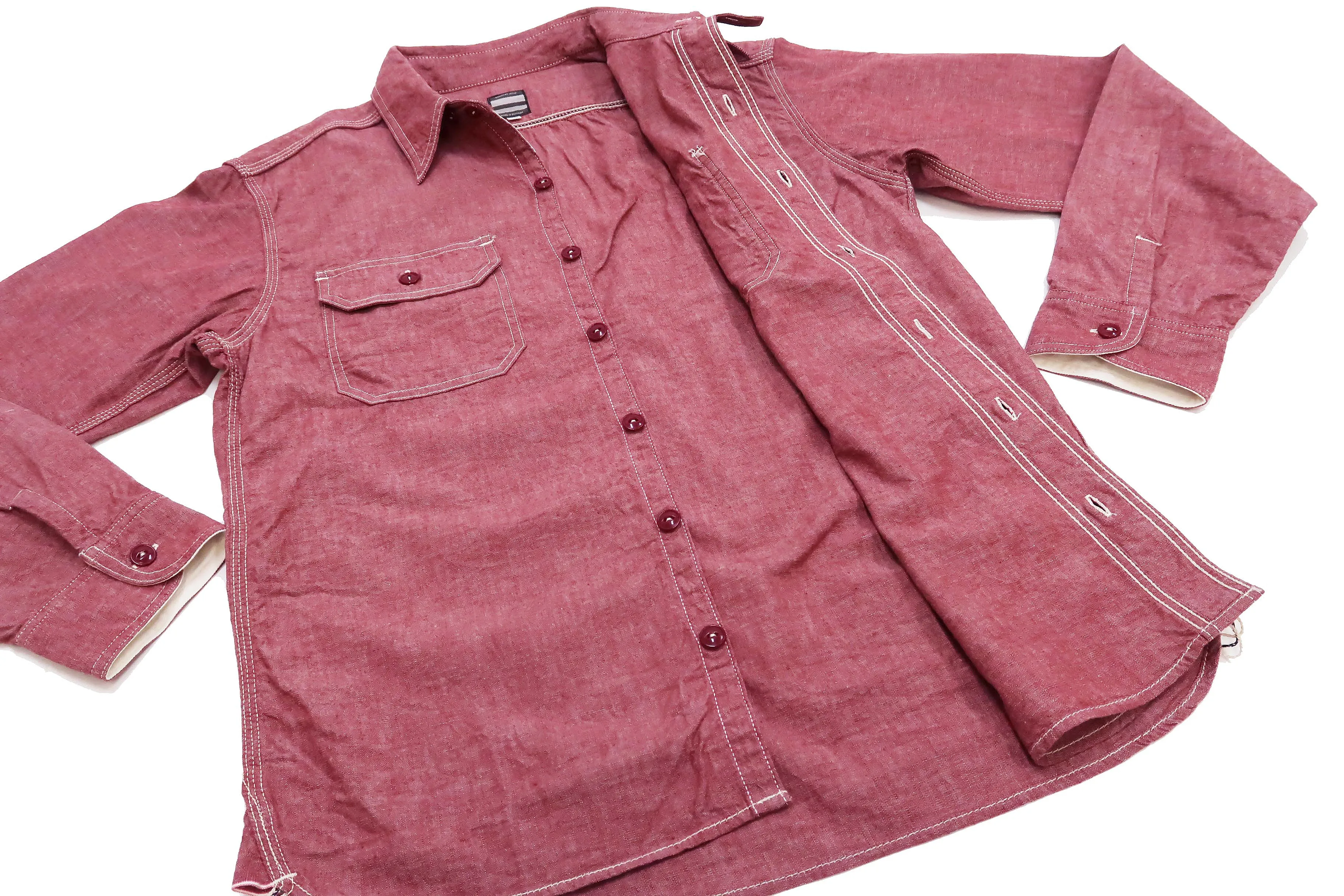 Momotaro Jeans Chambray Shirt Men's Solid Long Sleeve Button Up Work Shirt MS044 Red