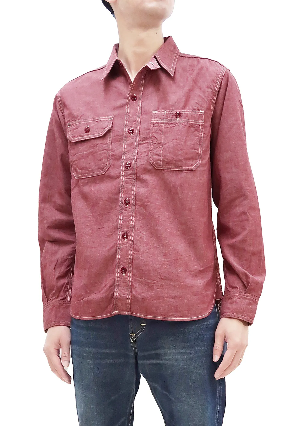 Momotaro Jeans Chambray Shirt Men's Solid Long Sleeve Button Up Work Shirt MS044 Red