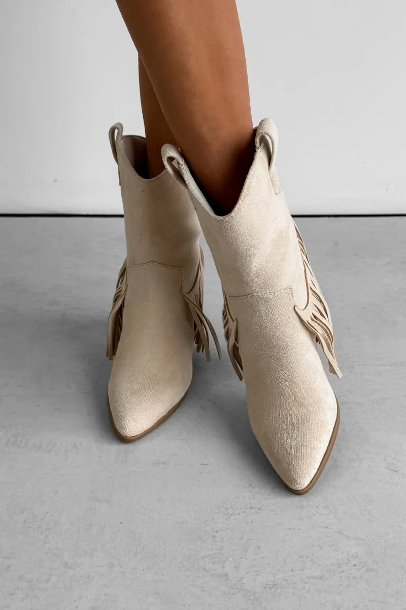 MONICA Western Tassel Cowboy Boots - Beige