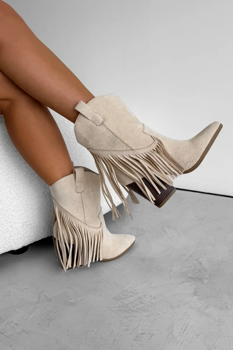 MONICA Western Tassel Cowboy Boots - Beige
