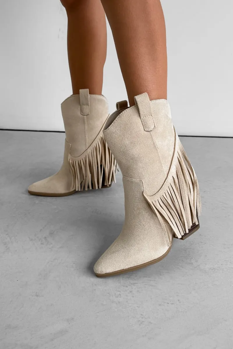 MONICA Western Tassel Cowboy Boots - Beige