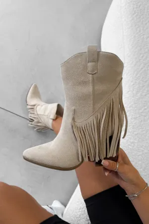 MONICA Western Tassel Cowboy Boots - Beige
