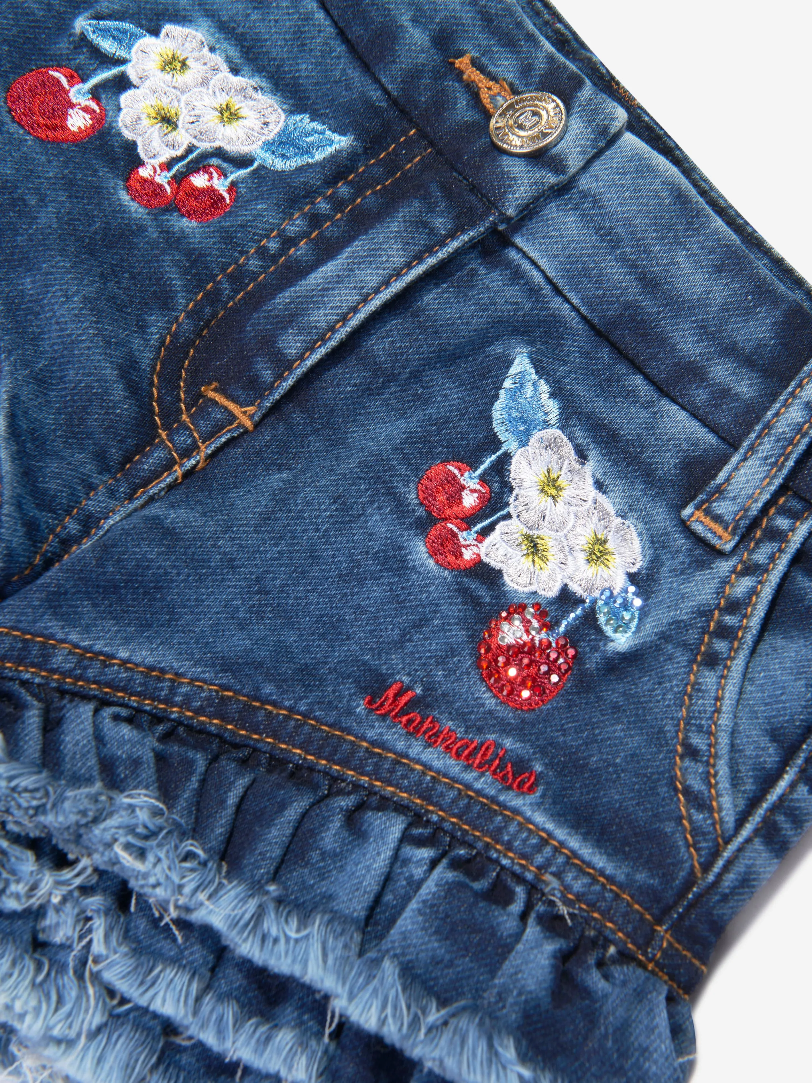 Monnalisa Girls Embroidered Cherry Denim Shorts In Blue