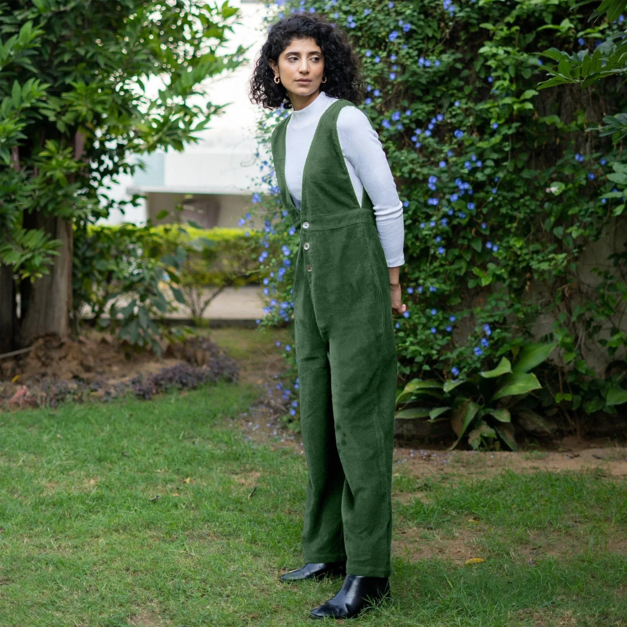 Moss Green Warm Cotton Corduroy Deep Neck Pinafore Jumpsuit