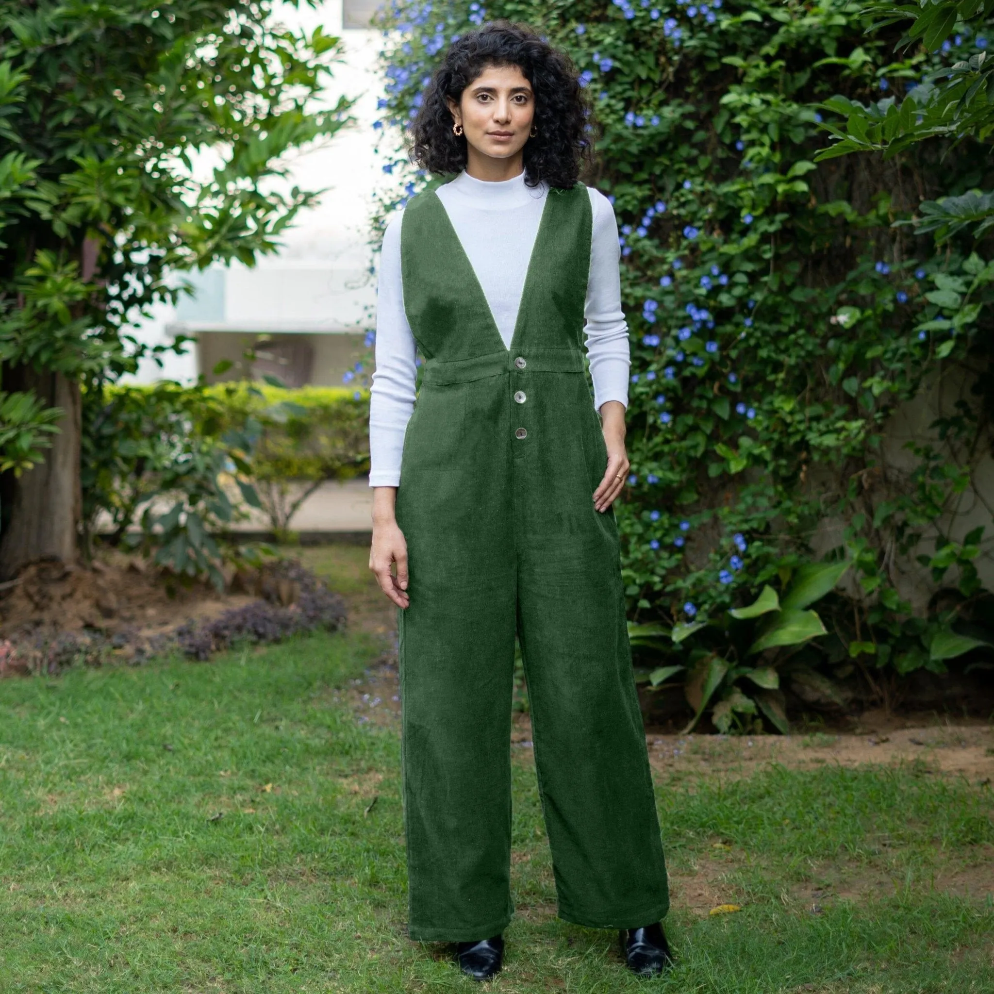 Moss Green Warm Cotton Corduroy Deep Neck Pinafore Jumpsuit