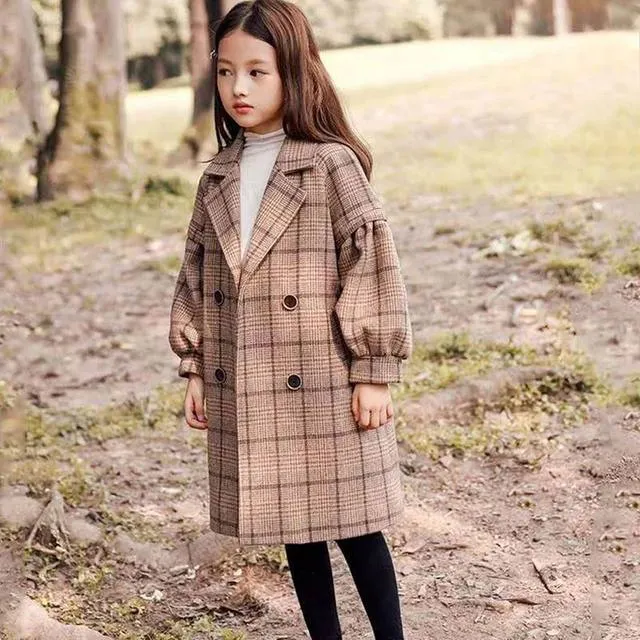 Mqtime 4 6 8 10 12 Years Children Girls Khaki Trench Outerwear Winter Girls Thicken Plaid Jackets Woolen Long Parka Teenager Warm Coat