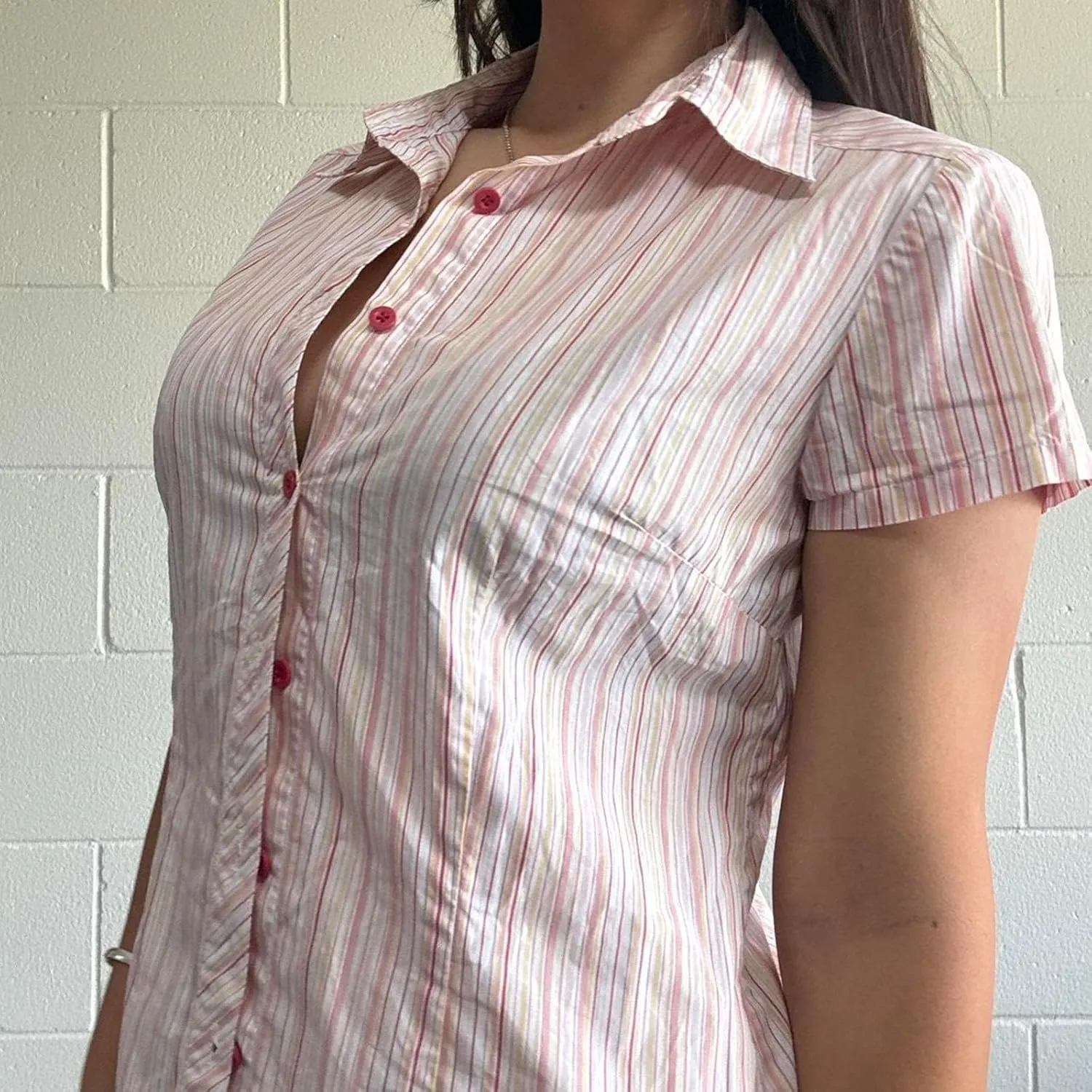 Mxiqqpltky Striped Button Down T Shirt Women Y2k Fairy Cap Sleeve V Neck Tee Slim Fitted Going Out Crop Top Aesthetic Clothes