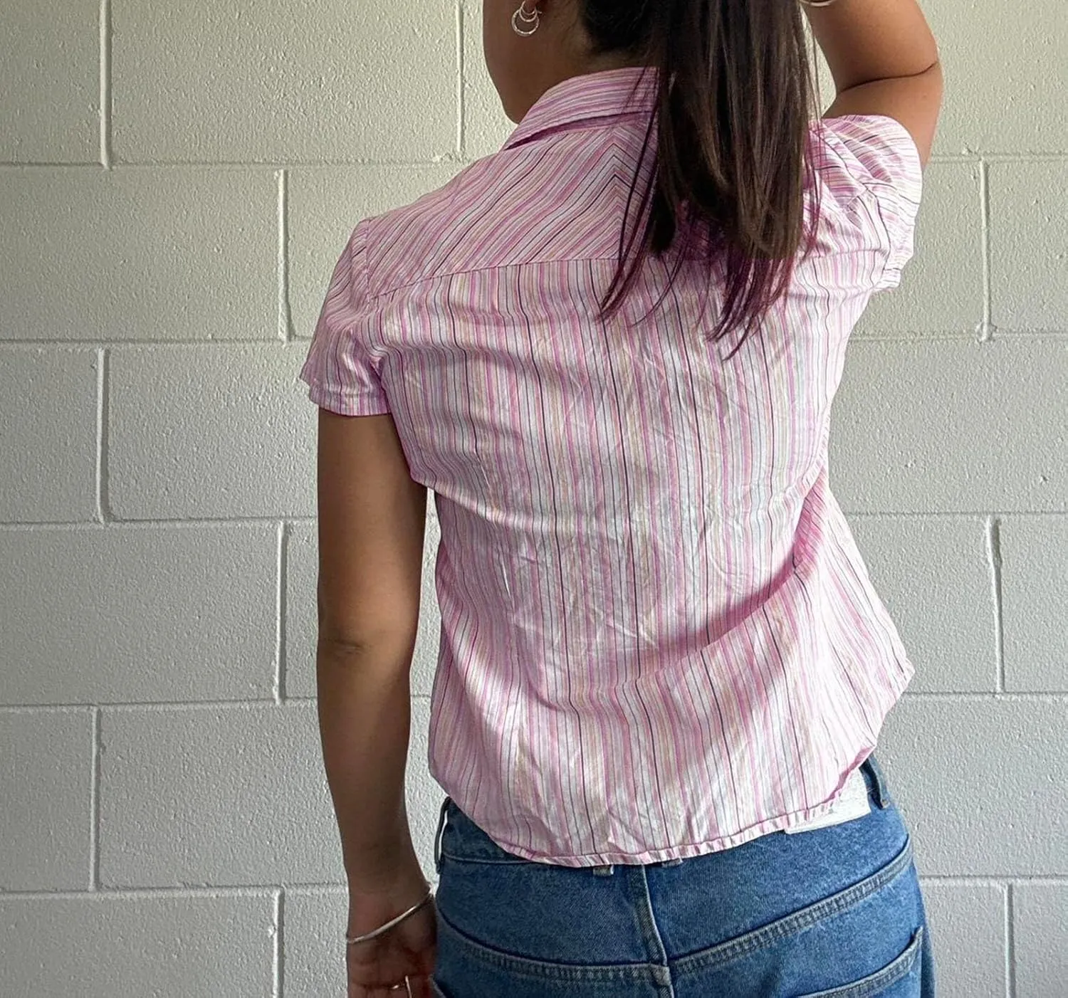 Mxiqqpltky Striped Button Down T Shirt Women Y2k Fairy Cap Sleeve V Neck Tee Slim Fitted Going Out Crop Top Aesthetic Clothes