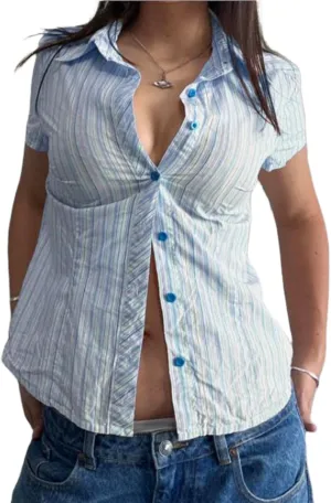 Mxiqqpltky Striped Button Down T Shirt Women Y2k Fairy Cap Sleeve V Neck Tee Slim Fitted Going Out Crop Top Aesthetic Clothes