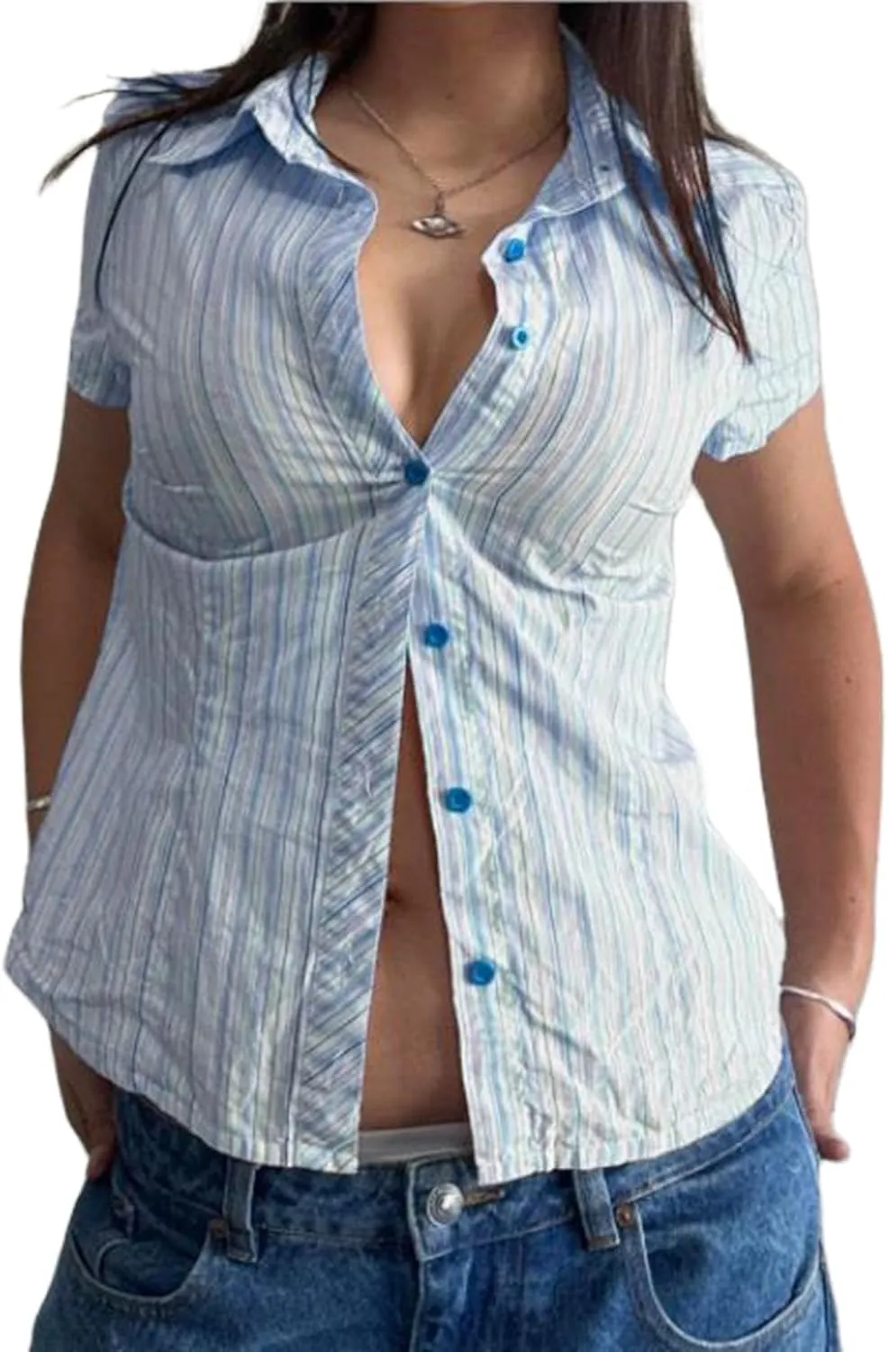Mxiqqpltky Striped Button Down T Shirt Women Y2k Fairy Cap Sleeve V Neck Tee Slim Fitted Going Out Crop Top Aesthetic Clothes