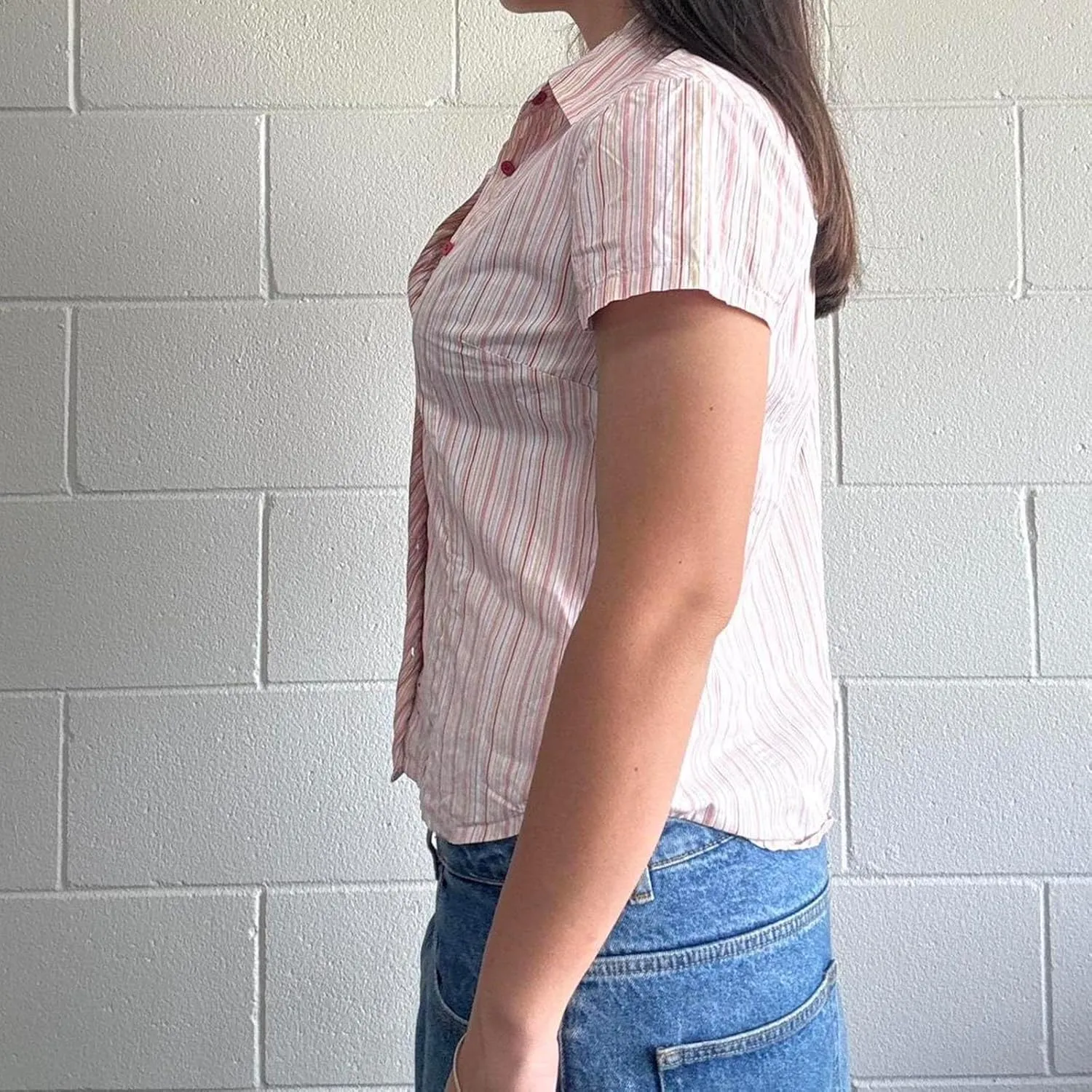 Mxiqqpltky Striped Button Down T Shirt Women Y2k Fairy Cap Sleeve V Neck Tee Slim Fitted Going Out Crop Top Aesthetic Clothes