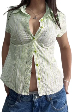 Mxiqqpltky Striped Button Down T Shirt Women Y2k Fairy Cap Sleeve V Neck Tee Slim Fitted Going Out Crop Top Aesthetic Clothes