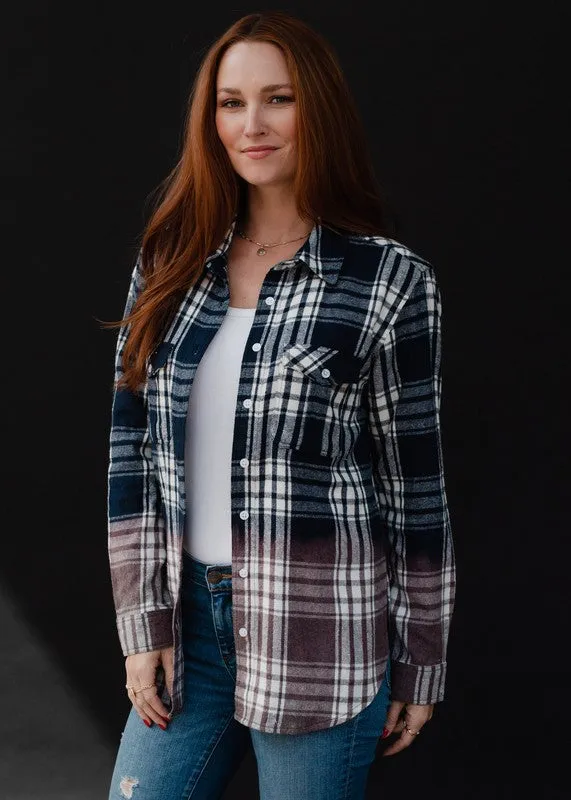 Navy & White Plaid Flannel with bleached dipped  contrast