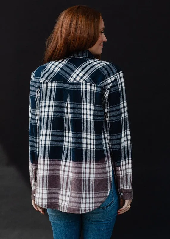 Navy & White Plaid Flannel with bleached dipped  contrast
