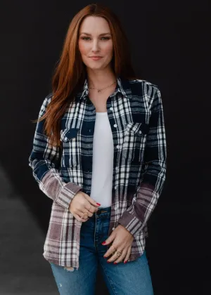 Navy & White Plaid Flannel with bleached dipped  contrast