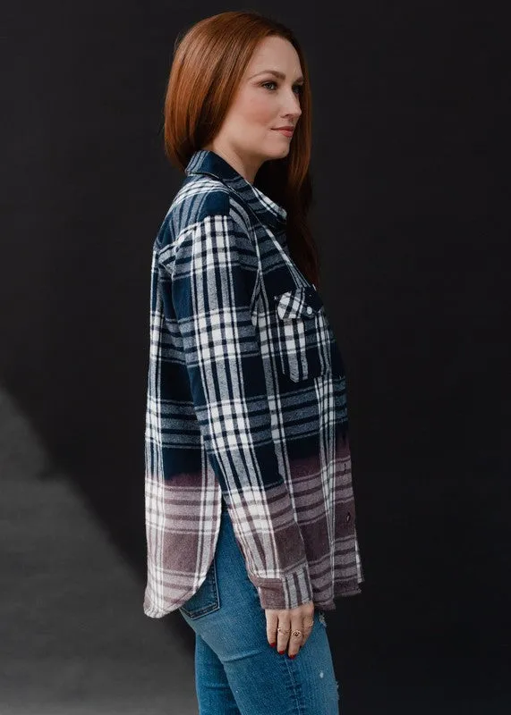 Navy & White Plaid Flannel with bleached dipped  contrast