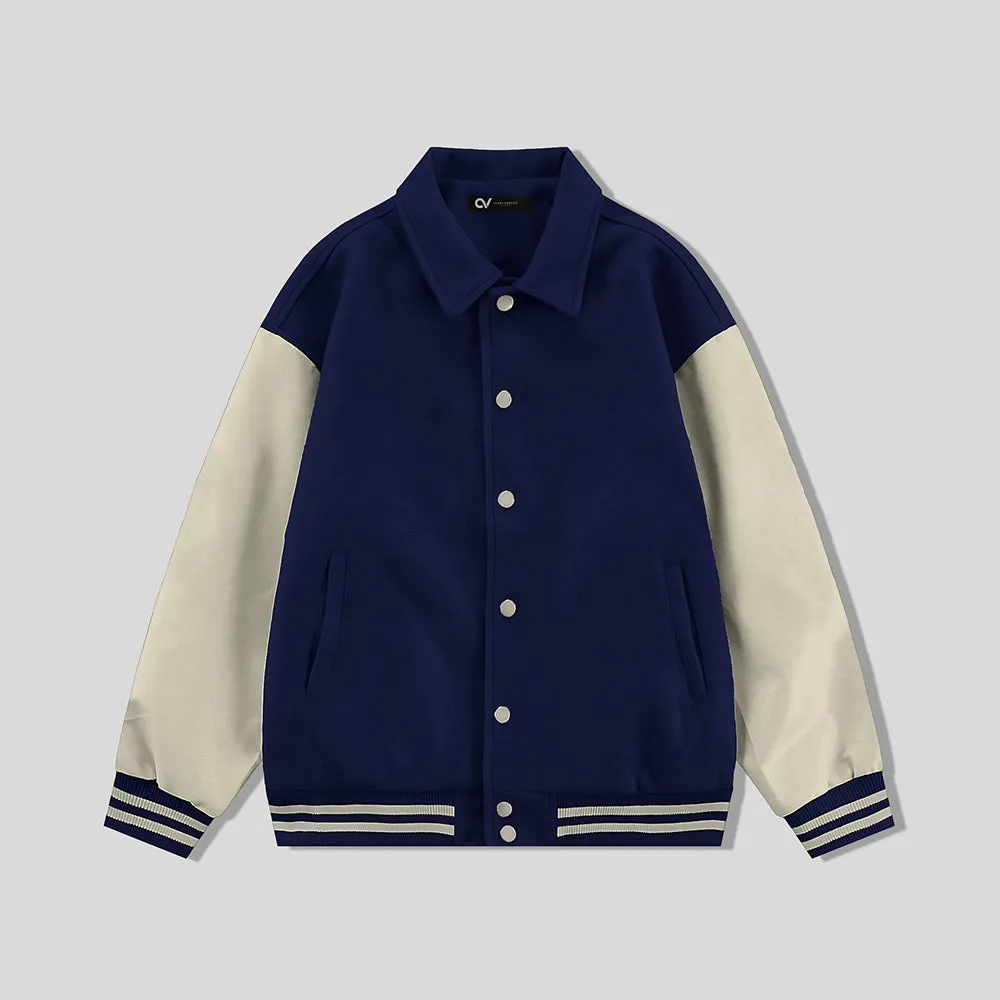 Navy Blue Byron Collar Varsity Jacket with Cream Sleeves - Jack N Hoods