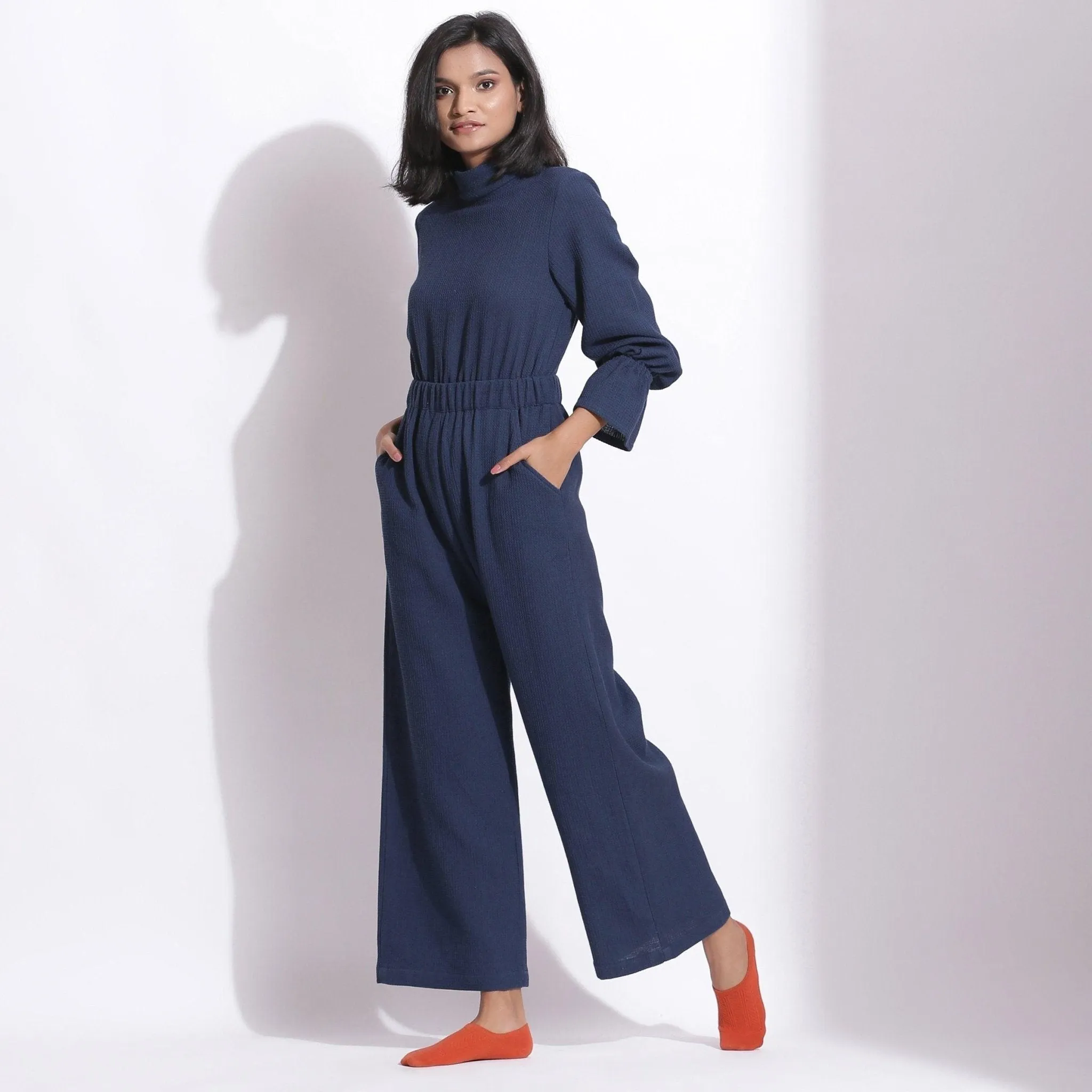 Navy Blue Warm Cotton Waffle Ankle Length Overall